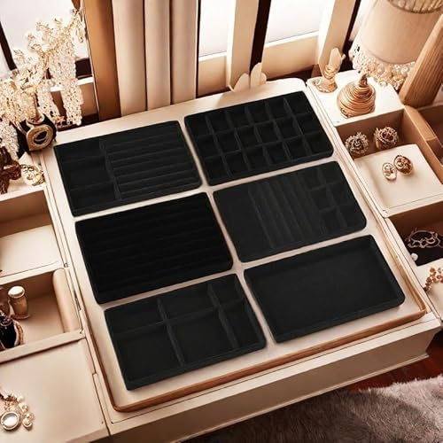 Cnwinu 6Pcs Schmuckaufbewahrung,Schmucktablett,Schmuck Organizer Schublade,Samt Stapelbar Schmuckeinsatz,Schmuckaufbewahrung Schublade für Ohrringe Ring Armband Broschen Halsketten (Schwarz)