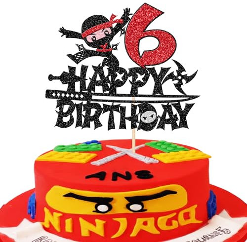1 Stück Ninja 6th Tortendeko Happy Birthday Ninja Cake Topper Kampfsport Karate Kung Fu Krieger Kuchendekoration für Ninja Thema Kinder 6th Geburtstag Party Kuchen Dekorationen