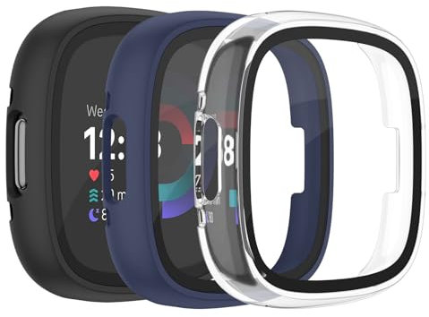 Vancle 3Stück Schutzfolie für Fitbit Versa 4 Hülle/Sense 2 Schutzhülle,Vollständige Abdeckung Schutzfolie Hard PC Schutz Displayschutz Folie Gehäuse für Sense 2(Schwarz/Transparent/Blau)