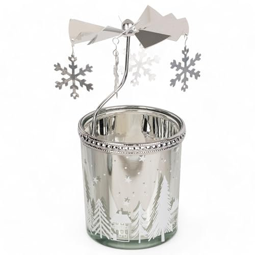Photophore rotatif en forme de carrousel de Noël - En métal - Mini pyramide - 12 cm - Argenté - Verre votif et flocon de neige