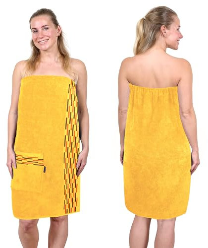 Lashuma Saunakilt Damen 75x150 cm | Lugano Saunahandtuch mit Knöpfen | Premium Saunatuch Gelb - Aprikose | Verschließbar & Langlebig