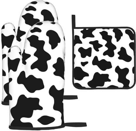 Set di 3 guanti da forno e presine in bianco e nero con stampa di mucca natalizia, guanti da forno da cucina, guanti resistenti al calore