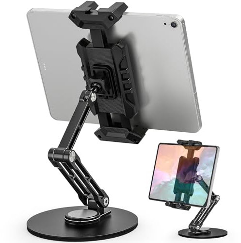 Homiflex Soporte Tablet Mesa de Aluminio, Soporte iPad Mesa Giratorio 360° & Ajustable, Compatible con iPad Pro, Air, Mini, Galaxy, Tabletas y Smartphones de 4.7 a 13.5