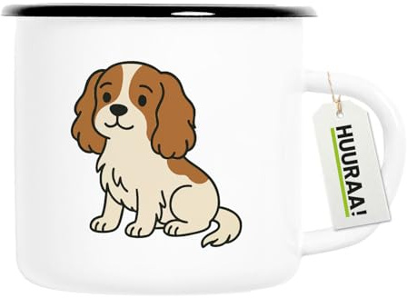 Huuraa Emaille Tasse Cavalier King Charles Spaniel Cavie Comic Geschenk | 300ml Becher Weiß mit Schwarzem Rand Vintage Campingbecher Geschenkidee Kaffeetasse als Wohnwagen Zubehör Campingtasse