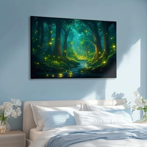 Großes Leinwandbilder Wandbilder Fantasy Glühwürmchen Waldweg Anime Stilbild auf leinwand Wandkunst Modern Aesthetic XXL Kunstdruck Deko für Wohnzimmer Schlafzimmer Geschenk 70x50cm