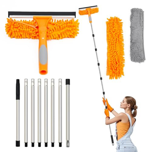 Lapluied 4M/157 Long Reach Window Cleaning Equipment, 3 in 1 Telescopic Window Cleaner, 270° Rotating Squeegee Window Cleaning Kit with 10 Extendable Pole for Indoor/Outdoor High Window,Orange