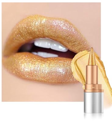 Metallic Glitzer Lippenstift Gold, Creamy Lipliner Lip Balm Wasserfest | Moisturizing Cremig-Seidig Lip Liner & Lipstick 2-in-1, Langanhaltende Hochpigmentiert Non-stick Cup Glänzend Lipgloss Makeup