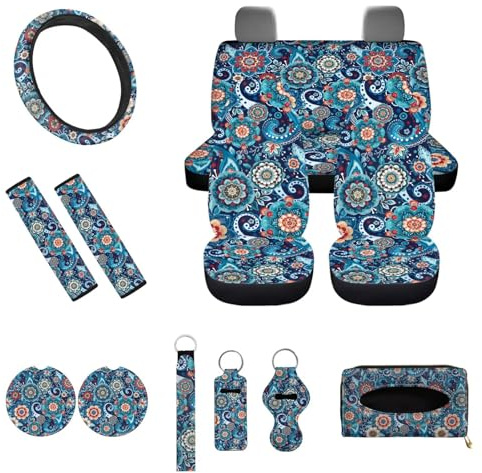 UOIMAG Retro Boho Floral Auto-Sitzbezüge, Auto-Lenkradbezüge, Komplettset mit Gurtpolstern und Schlüsselringen, 13er-Pack