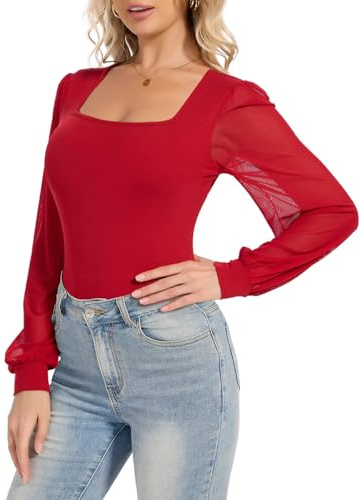 SHAPERIN Donna Body Manica a Sbuffo Eleganti Top con Scollo Quadrato Blusa Maniche Lanterna Bodysuit Maniche Lunghe | Camicetta in rete con scollo quadrato, maniche a sbuffo, scollo rotondo, per serate, feste, club