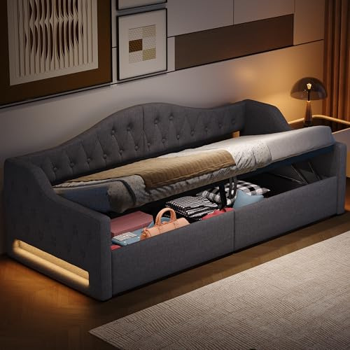 Lcoho Gepolstertes 90x200 Tagesbett mit Gürtel und Stauraum darunter, Grau