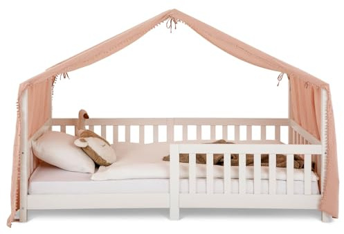 IDIMEX Rideau de lit LIAN avec Pompons en Mousseline 100% Coton 125 x 390 cm, pour Lits cabanes Enfants, Tissu léger et Doux Rose