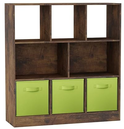 URBNLIVING Rustic Brown 8-Cube Asymmetrical Bookcase with 3 Drawer Inserts – Wood Storage Unit and Shelving Organizer- Green