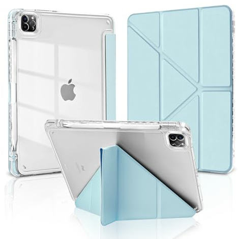 MuyDoux Coque Origami pour iPad Pro 11 Pouces 2022/2021/2020/2018 (4e/3e/2e/1re Génération) avec Porte Stylet, 5 Positions Réglables, Étui Housse Arrière Transparente Claire Antichoc, Bleu Clair