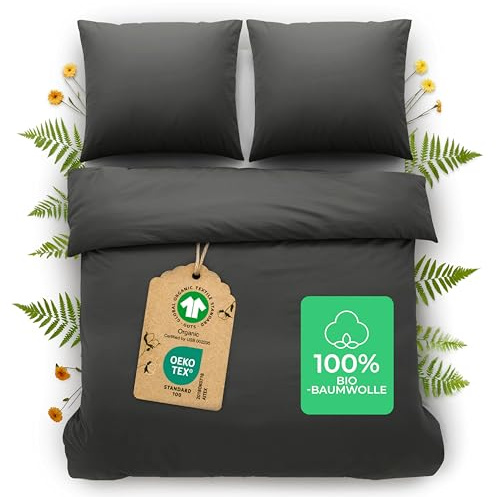 Dreamzie - Bettwäsche 155x220 + 2 Kissenbezüge 80x80 - Bio-Baumwolle | Dunkelgrau · 3-teiliges Set · 180 TC · Atmungsaktiv · OEKO-TEX & GOTS Zertifiziert · Reißverschluss · Pflegeleicht