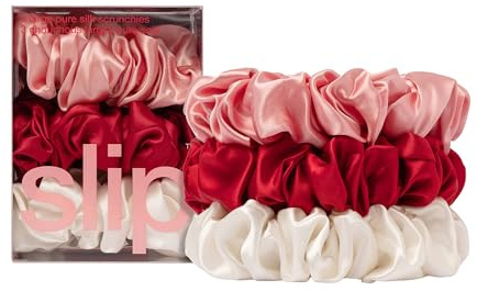 slip Große Haargummis: Rosig | Set mit 3 Haargummis aus reiner Seide | Enthält 1 scharlachrot, 1 Rose, 1 weiß | 100% Maulbeerseide, Anti-Falten, sanft zum Haar, reduziert Haarbruch