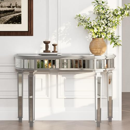 HMHKHN Tavolo consolle, tavolo da toeletta, tavolino da salotto, mezzaluna con specchio, vetro scanalato e cassetto, per soggiorno, camera da letto, spogliatoio, 120 × 38 × 78 cm (grigio+argento)