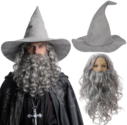 Zauberer Hexenhut Herren Perücke Bart - Opa Wikinger Mönch Magier Kostüm | Grau Zauberer Hut Fake Bart Mexikaner Rentner Kostüm Herren Lustig Alter Cospaly für Karneval Fasching Halloween Erwachsene