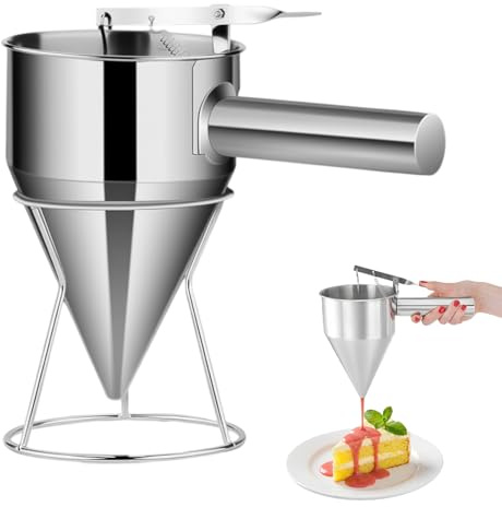 1.2L Stainless Steel Pancake Batter Dispenser for Baking with Handle & Rack, Kitchen Piston Funnel for Wax, Candle, Batter Pourer for Cupcake, Whipped Cream, Waffle Mix, Cake,Mortar,Sauce(40oz)