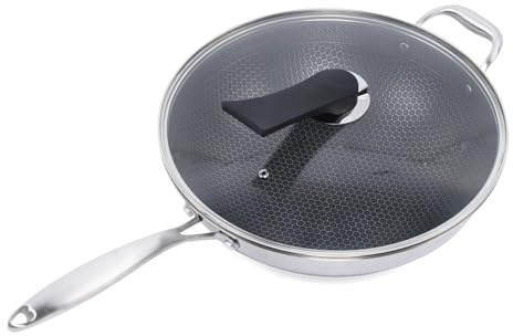 MZYFDC Edelstahl Wok Edelstahl-Antihaft-Doppelseitensieb Waben-Wok-Küchenbratpfanne Kochbratpfanne + Glasdeckel-Set