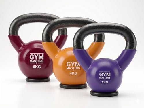 Gym Masters Kettlebell Set Vinyl 2–10 kg – Premium Design Farben – Fitness Set für Zuhause – mit Gummiboden & rutschfestem Griff