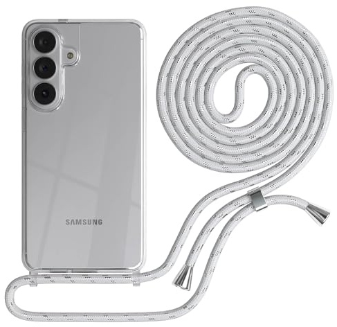 EAZY CASE Handykette kompatibel mit Galaxy S26 Plus Handyhülle mit Umhängeband, Handykordel mit Schutzhülle, Silikonhülle, Hülle mit Band, Stylische Kette für Smartphones, Weiß/Silber