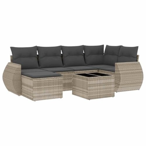 Qnhdfrt 7-TLG. Gartensitzgruppe Hellgrau Poly Rattan Eckbank mit Tisch & Kissen platzsparendes modulars Balkonmöbel Set für Terrasse Garten Innenhof