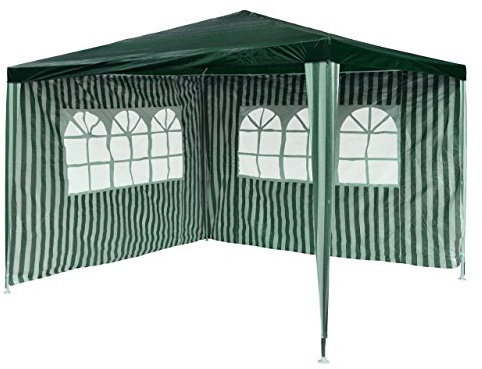 Garten Pavillon 3 x 3 m, wasserdicht, inklusive 2 Seitenwänden mit je 3 Fenstern, Heringe, Abspannseile, Eckverbinder, Material PE-Plane 110 g/m², Metallgestänge lackiert, Stecksystem, grün-weiß