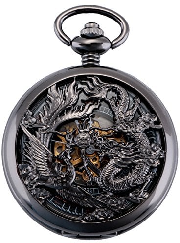 ManChDa Retro Taschenuhr Herren mit Kette analog Handaufzug Drache Phönix Skelett Römische Schwarz