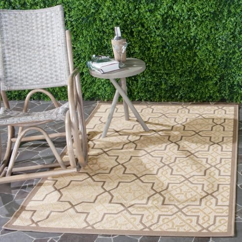SAFAVIEH Washable Rug Outdoor Courtyard Collection - 6'7 x 9'6, Beige & Dark Beige, Non-Shedding & Easy Cleaning, Ideal for Patio, Backyard, Mudroom (CY7931-79A21)