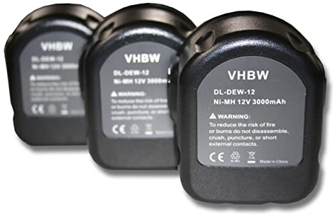 vhbw 3X NI-MH Akku 3000mAh (12V) kompatibel mit DC727KA-B2, DC727VA, DC740K-2, DC740KA Ersatz für Dewalt 152250-27, 397745-01, DC9071, DE9037.