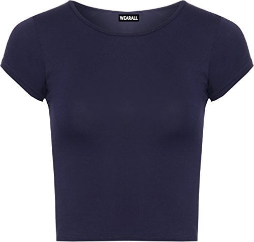Womens Plain Crop Short Sleeve Top Round Neck Stretch Ladies Bra Vest - Navy Blue - 8/10