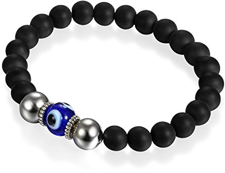 Flongo Glas Armband Armreif Link Handgelenk EnergieStein Perlenarmband Schwarz Blau Silber Böse Evil Teufel Eye Auge Gebet Mala Kugel Perle Perlen Herren,Damen Accessoires