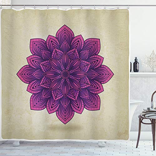 ABAKUHAUS Blatt Duschvorhang, Lila Retro-Motiv, Stoffliches Gewebe Badezimmerdekorationsset mit Haken, 175 x 200 cm, Eierschalenfarben Fuchsienfarben