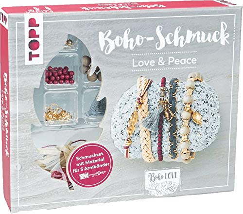 Boho-Schmuckset Love & Peace (Dunkelrot/Grau): Anleitung und Material für 5 Armbänder im Boho Look zum Selbermachen. Bänder, Biegeringe, Perlen und Anhänger. Nickelfrei