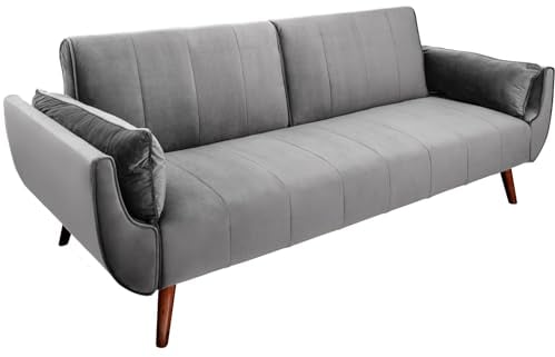 invicta INTERIOR Retro Schlafsofa DIVANI 220cm Silbergrau Samt 3er Sofa mit Bettfunktion Schlafcouch Schlaffunktion Couch