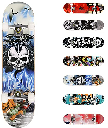 WeSkate Skateboard, für Anfänger, 31 x 8 Zoll, komplett, 7-lagig, Doppel-Kick, konkav, rutschfest, PU-Rollen, für Kinder und Erwachsene (Schädel)
