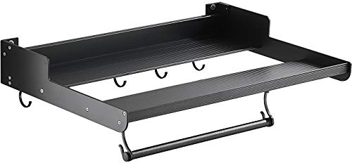 Microwave Shelf, Kitchen Shelves Wall Mounted, Hanging Aluminum Alloy Microwave Bracket Oven Rack Stand Kitchen Shelf Holder with 5 Hooks - Black