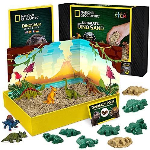 National Geographic Ultimativer Dino Kinetic Sand für Kinder – befriedigendes Kinder-Sandspielzeug mit 6 tollen Formen und Figuren | STEM Dinosaurier Sand für Kinder | kreatives Spielzeug für Mädchen