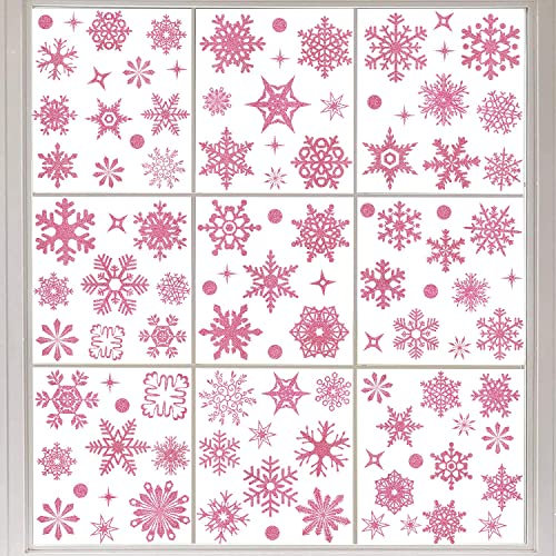 Noël Autocollant Fenetre, 93 Flocons de Neige Autocollants Décoratifs Rose Pailletés Amovibles et Réutilisables, Deco Noel pour Décorations de Fenêtres de Noël, Portes, Vitrines