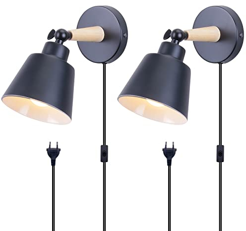 TOKIUS 2 Stücke Wandleuchten, Moderne Wandlampe aus Metall und Holz Deko E27 Fassung Verstellbarer Wandbeleuchtung Innen Wandlampe für Schlafzimmer Wohnzimmer Korridor (Schwarz, Mit Stecker Schalter)