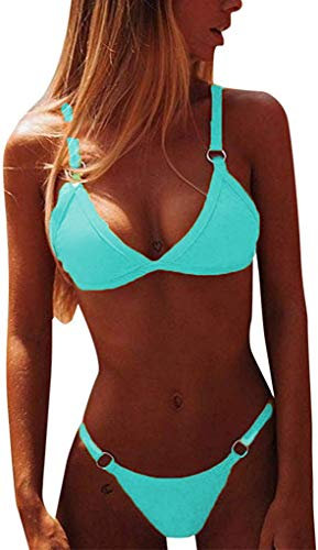 CheChury Maillot de Bain 2 Pieces Femme Sexy Taille Basse Bandage Bikini Bresilien Push Up Swimwear De Plage Taille Basse Brésilien String Bas de Bikini,Bleu Clair,M