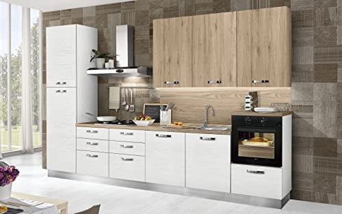 Cucina completa di elettrodomestici (forno, lavandino, cappa cottura) design lineare - effetto bianco larice, quercia- Dimensioni: cm. 360 x 60 x 240- forno a destra