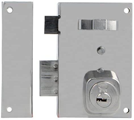 Amig - Serratura da sovrapposizione a sinistra con leva di chiusura, linguetta e maniglia per porte in legno mod. 75, 72 x 112 mm, cilindro rotondo di sicurezza, acciaio argentato