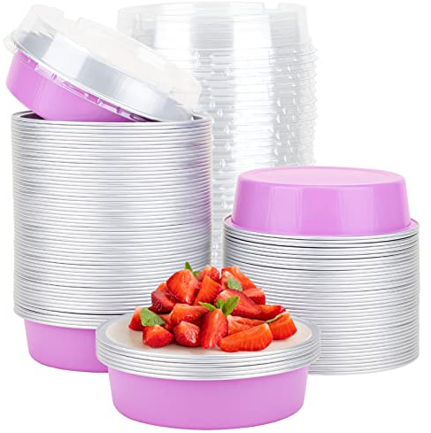 Beasea Lot de 100 mini poêles jetables avec couvercles - 10,2 cm - 227,8 g - En aluminium - Rose clair - Pour cupcakes, desserts, muffins, ramequins - Quiches