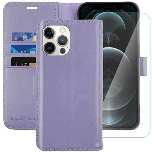 MONASAY iPhone 12 Pro Max Wallet Case,6.7-inch, [Glass Screen Protector Included] [RFID Blocking] Flip Folio Leather Cell Phone Cover with Credit Card Holder for iPhone 12 Pro Max,Lavenders