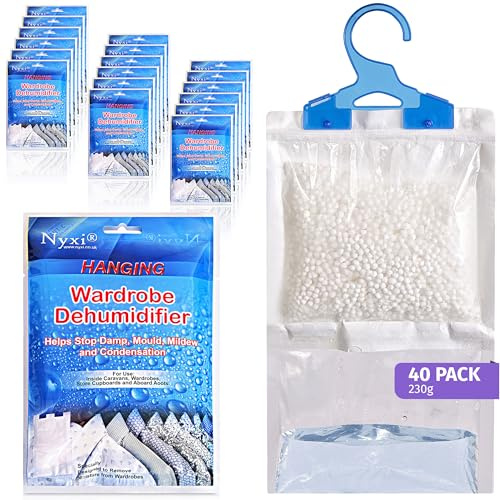 Nyxi Set of 40 Hanging Interior Wardrobe Dehumidifier - 230g Each Bag - Ideal to stop damp, mould mildew & condensation- For Wardrobe, Home, Kitchen, Garage, Bedroom, Caravan, Office, Basement etc