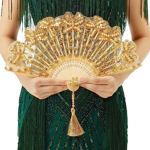 BABEYOND Lace Hand Fan Non-Foldable Vintage Bridal Handheld Fans with Rhinestone and Embroidered for Wedding Decoration Dancing Party (Gold)