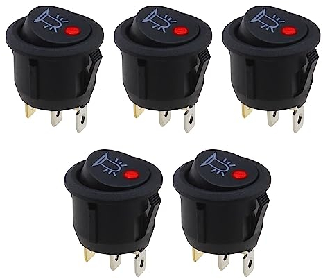 VGOL Runder Wippschalter, 12 V, 20 A, 3-polig, Ein-/Aus-Drucktaste, mit roter LED-Kontrollleuchte für 20 mm Befestigungslochdurchmesser, für Auto, LKW, Boot, 5 Stück