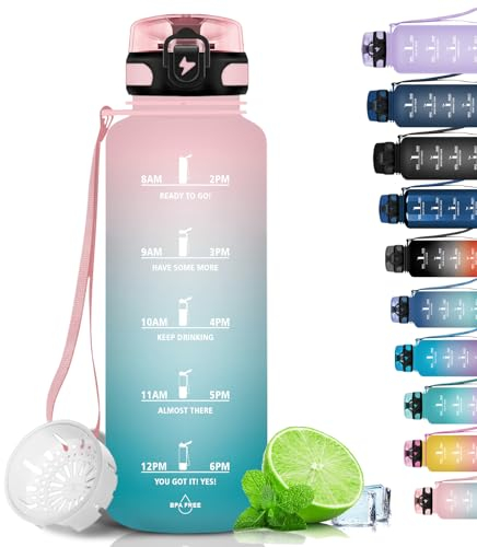 Grsta Trinkflasche 1,5 Liter - Trinkflasche Sport, BPA Frei, Trinkflasche Kohlensäure Geeignet, Auslaufsicher, Wasserflasche mit Filter und Zeitmarkierung für Fitness, Schule, Büro und Outdoor