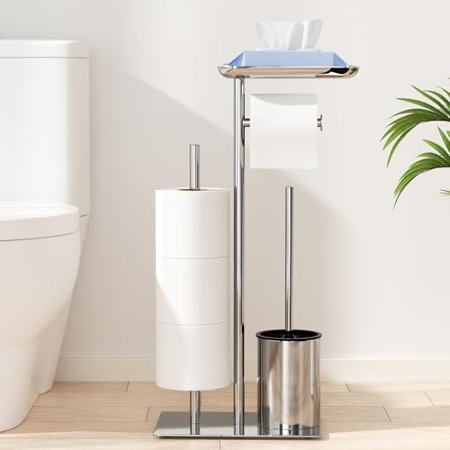 Portarrollos de papel higiénico de pie plateado con cepillo, soporte para papel higiénico de pie con escobilla, soporte para papel higiénico, bandeja y escobilla